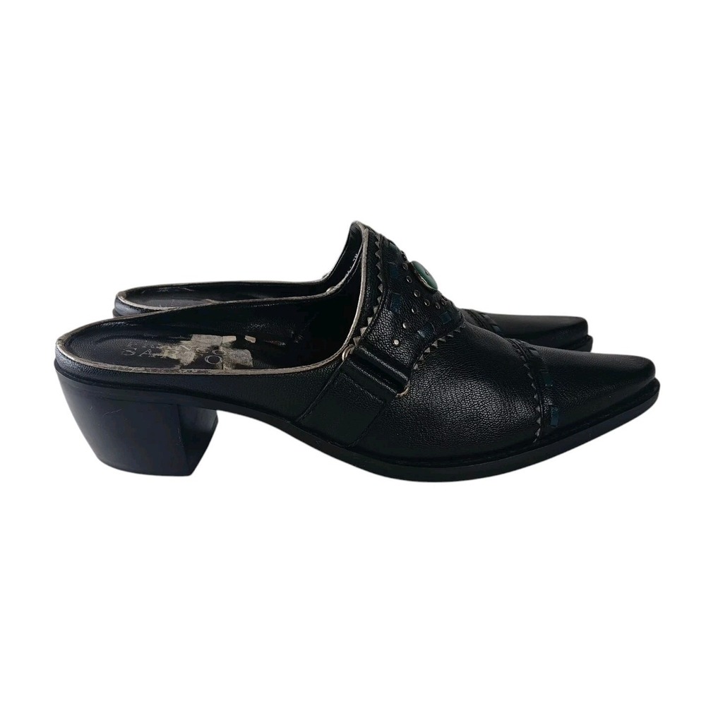 Franco Sarto Women's Mule Size 7 Western Pointed Low Block Heel Black Leather